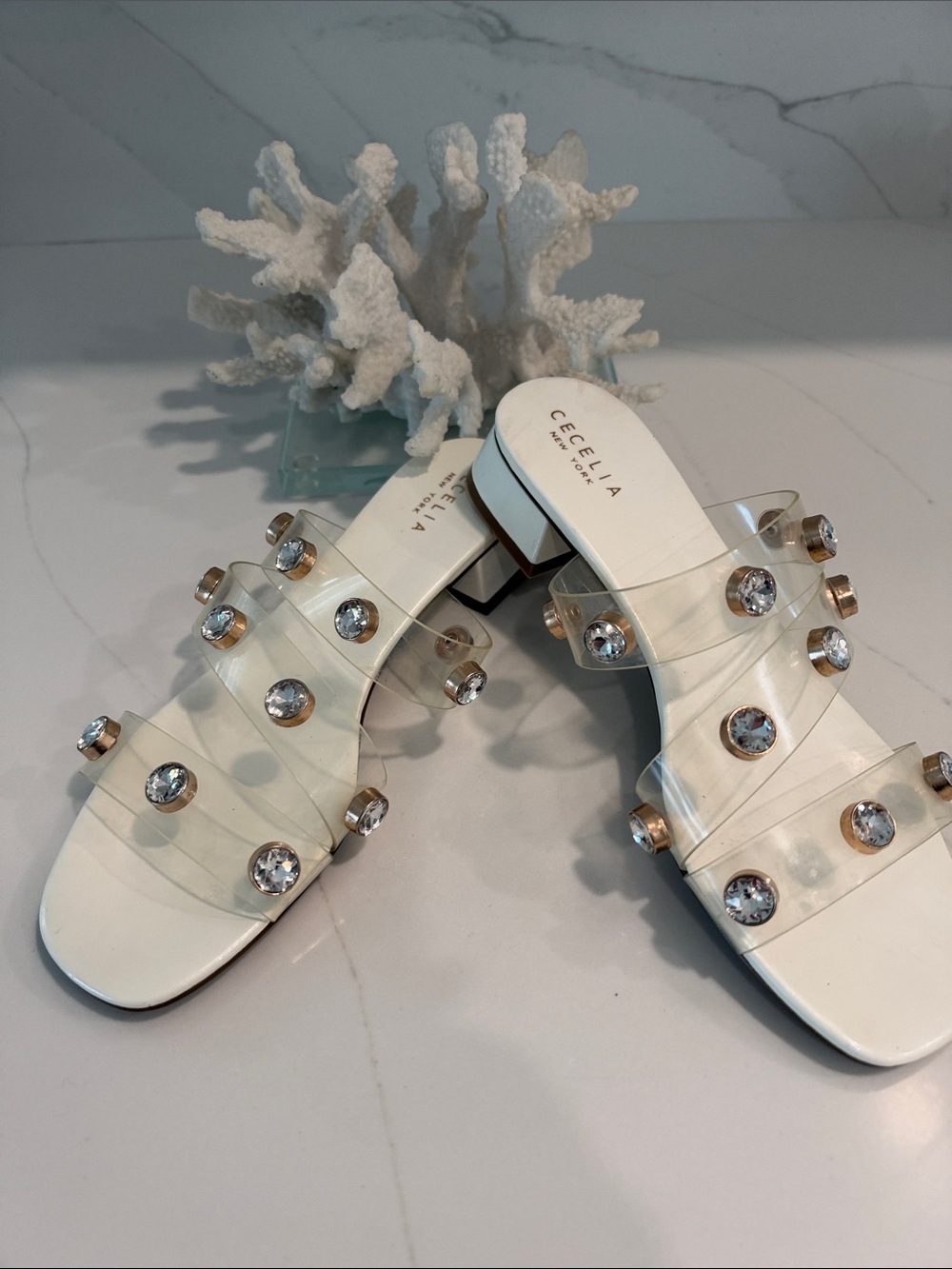 CECELIA NEW YORK White Clear Crystal-Stud Slide Sandals